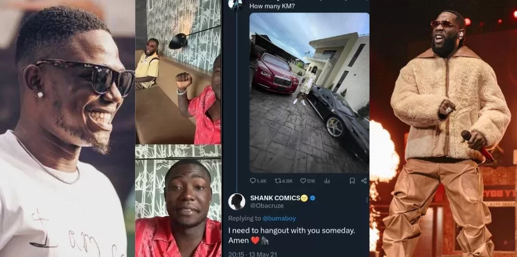 “Skitmaker Shank Comics” expresses excitement as his long-awaited dream of meeting Burna Boy finally becomes a reality, exclaiming, “Papi Papi Papi.” (Video)